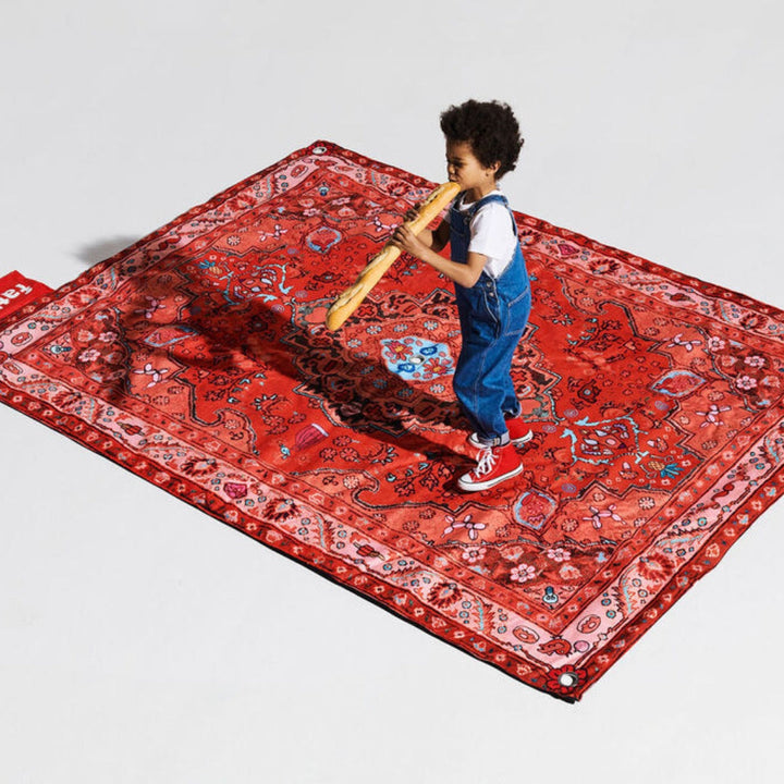 Red Fatboy Picnic Lounge Blanket with Persian-style print, includes pegs and brush for outdoor use, available at Desert River Shop