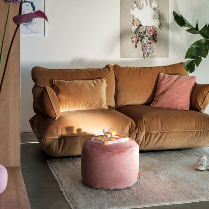Small round Fatboy Point Velvet Pouf in Rose Quartz, soft-touch velvet finish, perfect as a footrest or extra seat, from Desert River Shop.